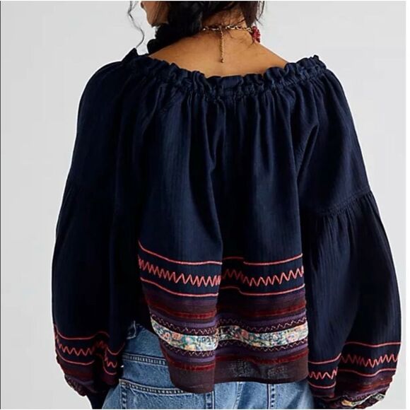 We the Free People Katie Denim Top Embroidered Peasant Tie Velvet & Mesh Trim M - Picture 3 of 13